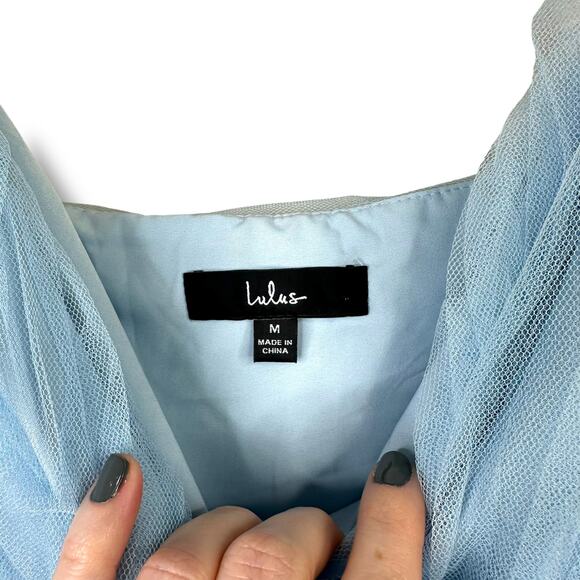 Lulus NWOT Exemplary Aura Light Blue Pleated Tulle Surplice Midi Dress Medium - Picture 6 of 10